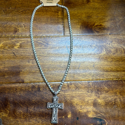 Justin Men’s Necklace Stainless Steal Cross w/ Filigree.