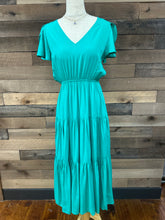 Load image into Gallery viewer, Emerald Tiered Midi Dress with Flutter Sleeve.