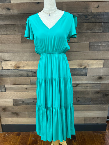 Emerald Tiered Midi Dress with Flutter Sleeve.