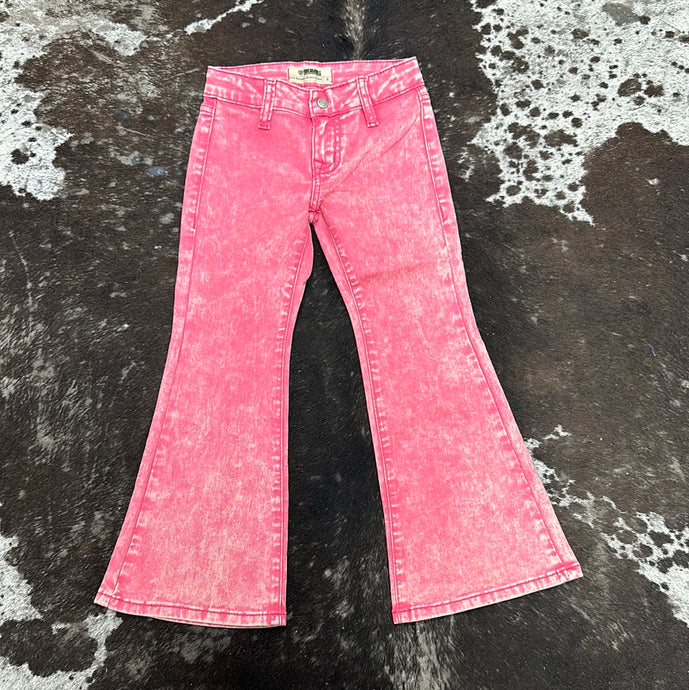 Girls Pink Distressed Buttom Flare Jeans.