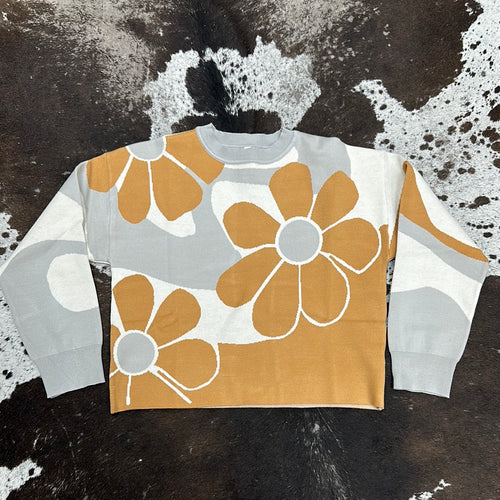 Women’s Ivory/Camel Retro Floral Sweater.
