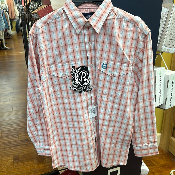 Boys Coral Plaid Snap Up.