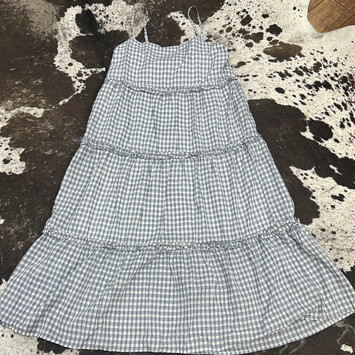 Blue Gingham Tiered Midi Dress with Ruffle Detail