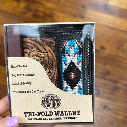 Trifold Hand Tooled Embroidery Wallet.