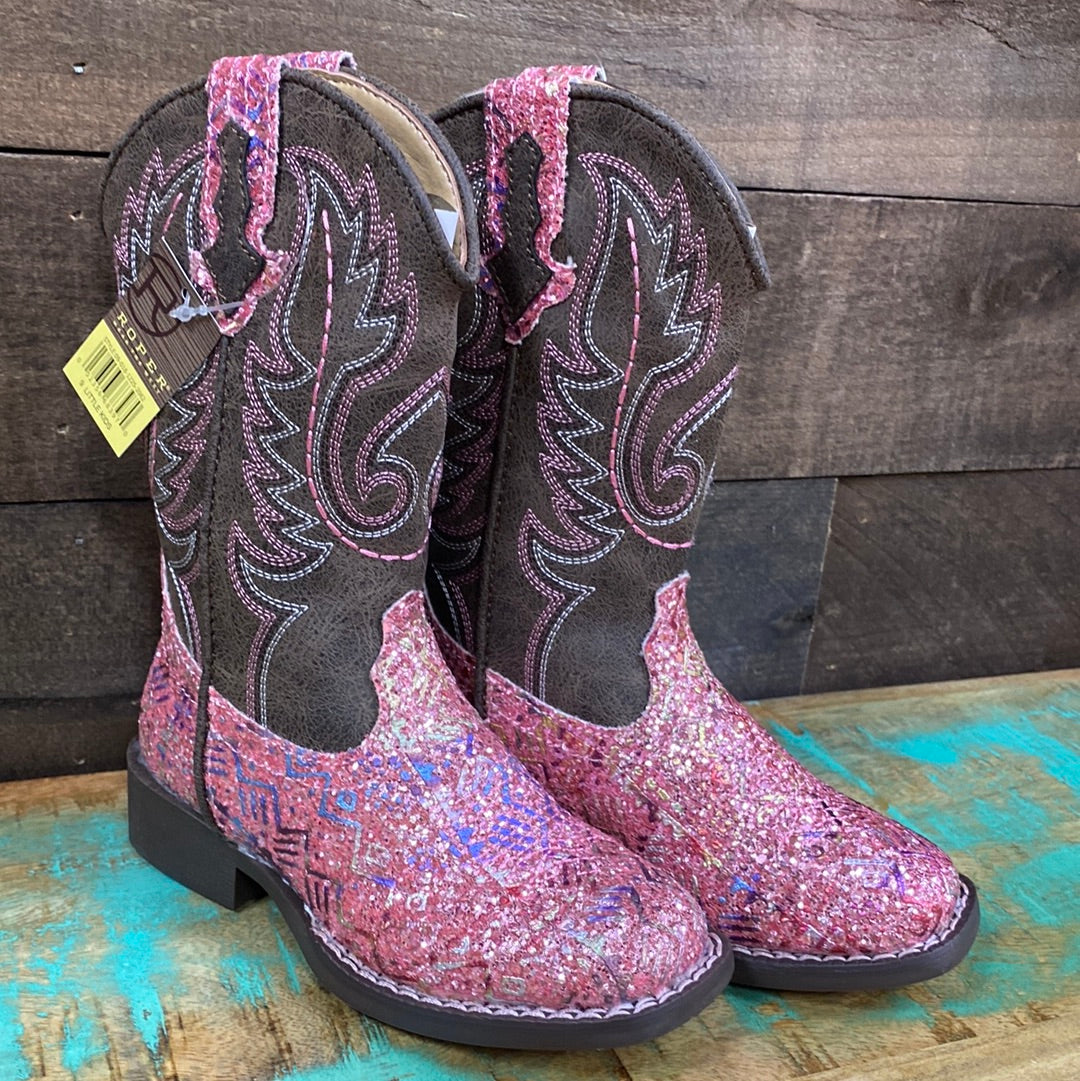 ROPER Stivali Western Glitterati Per Bambina, Punta Quadrata, Colore Blu Azteco Glitter. Tomaia 9 Pollici, Tacco 1/2 Pollice.