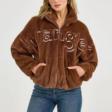 Load image into Gallery viewer, Wrangler Womens Logo Fuzzy Zip Teddy Brown Jacket.
