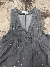 Load image into Gallery viewer, Women’s Veveret Black Pleated Rhinestone Denim Romper