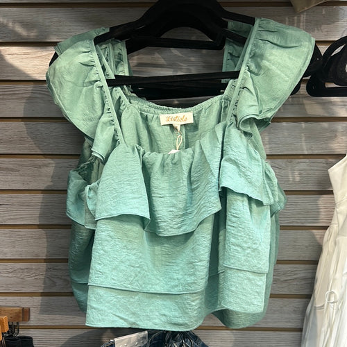 All Over Jade Ruffled Square Neck Blouse Top.