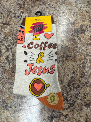 Women’s “I Love Coffee & Jesus” Socks.