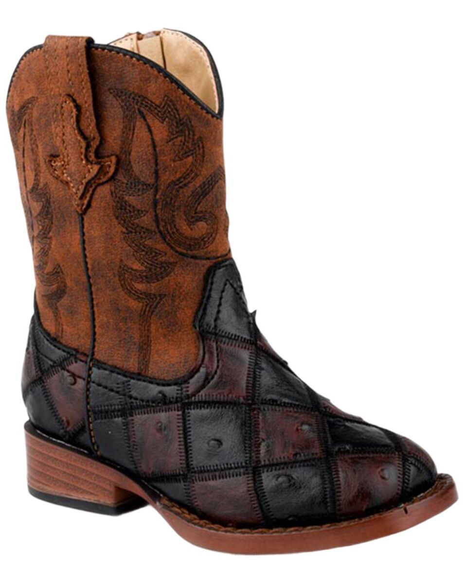 Roper Little Boys Brown/Black Faux Ostrich Boots.