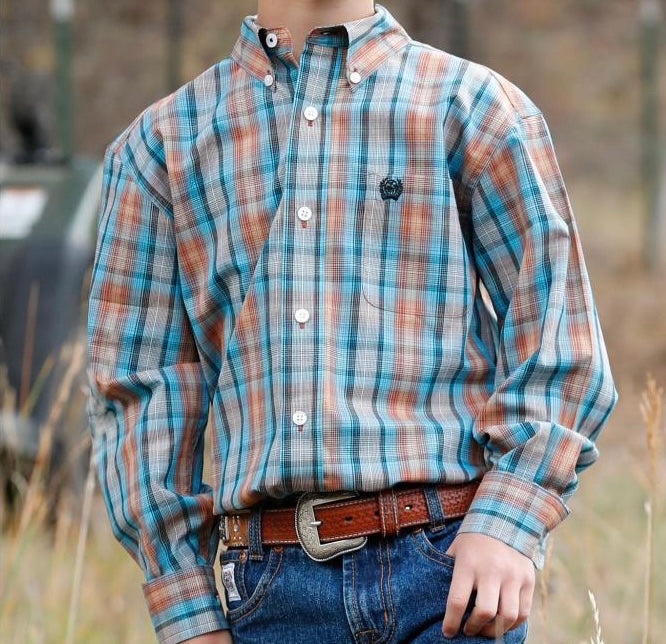 Boys Cinch Plaid Long Sleeve Button-down Shirt.