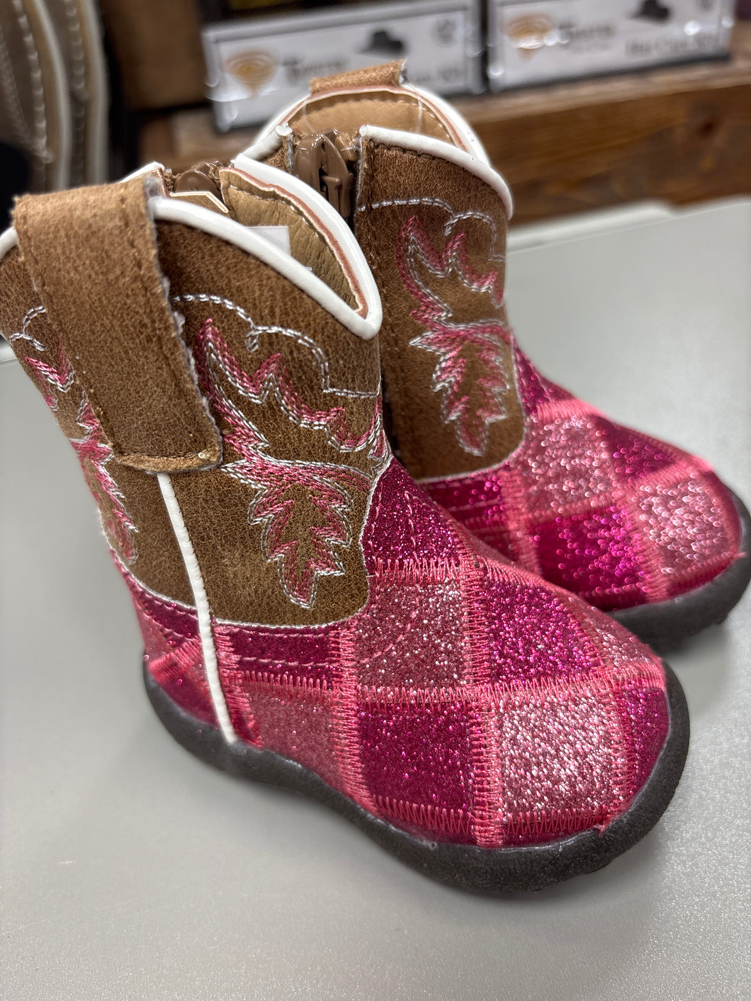 Little Girls Pink/Fusha Patchwork Glitter Vamp Boots.