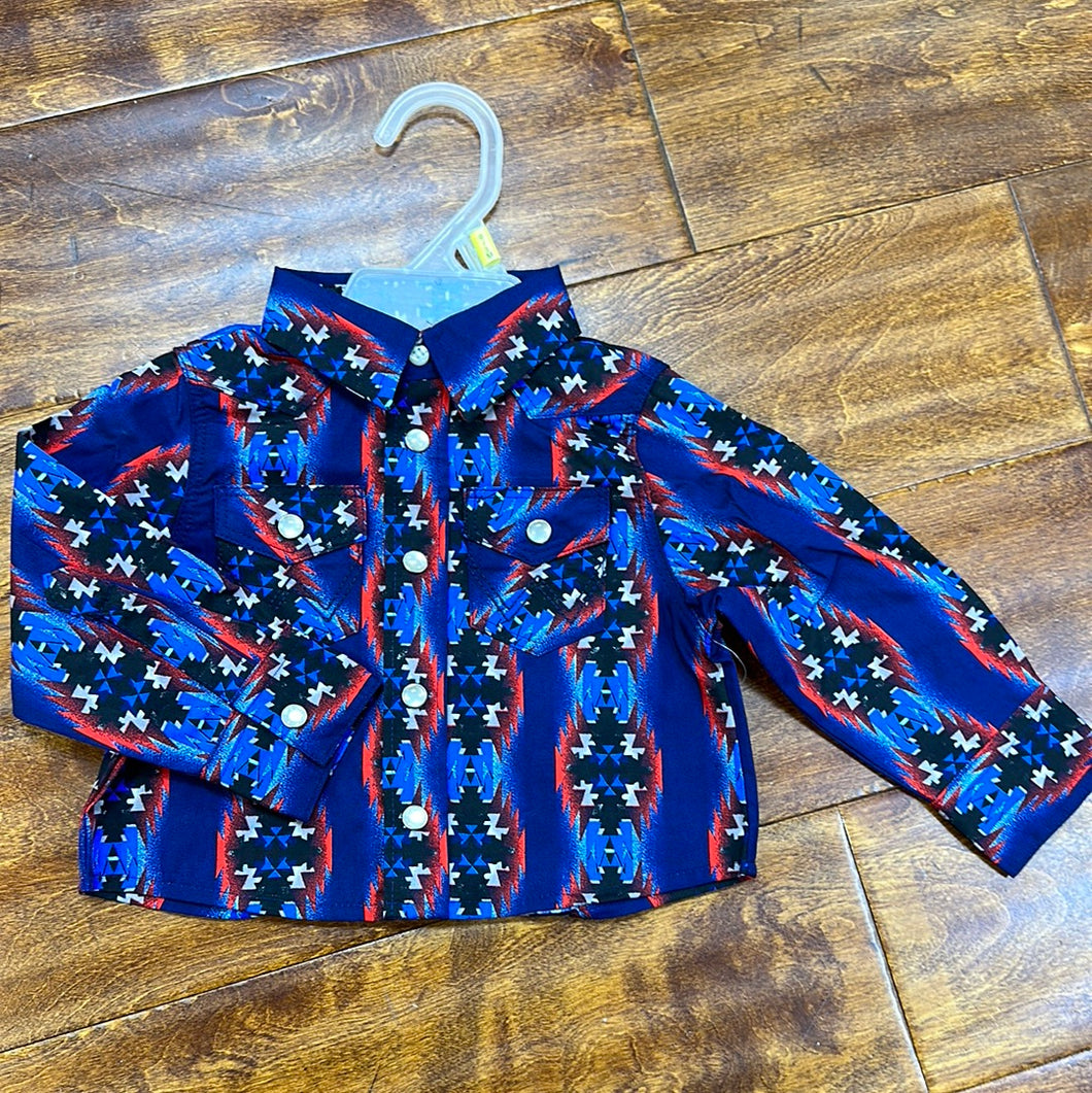 Wrangler Boys Blue/Red Pattern Button Up.