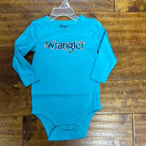 Wrangler Baby Girl Teal Logo Onesie.