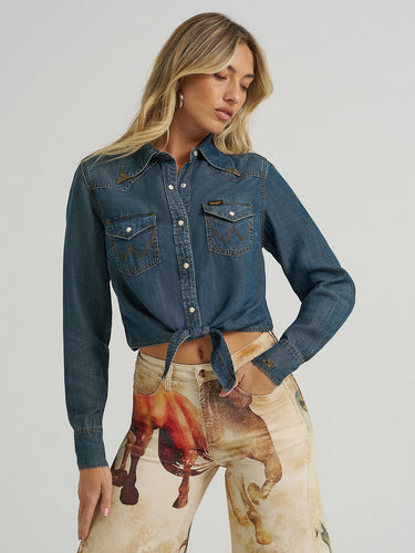 Wrangler X Lainey Wilson Tie Front Denim Shirt.