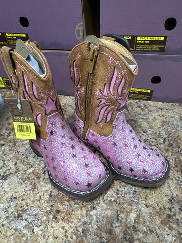 Girls Roper Pink Glitter Boots With Stars
