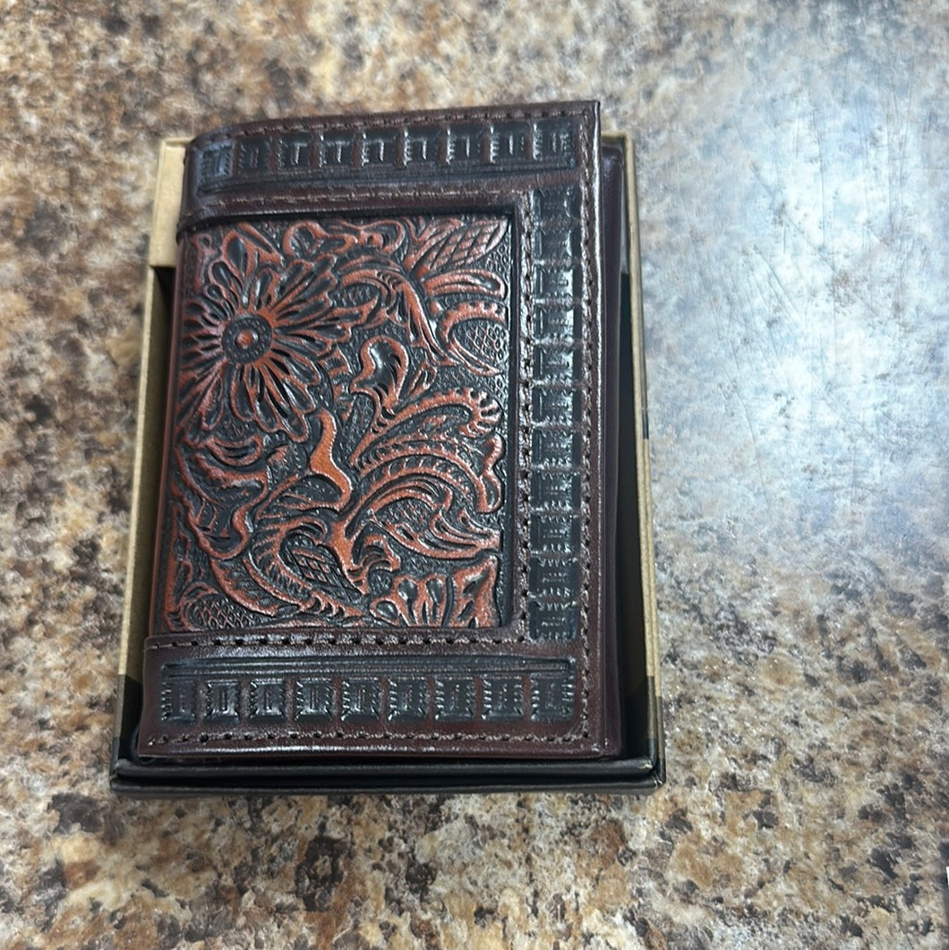 Justin Men’s Genuine Leather Trifold Wallet w/ Tooling & Embossed Edge.