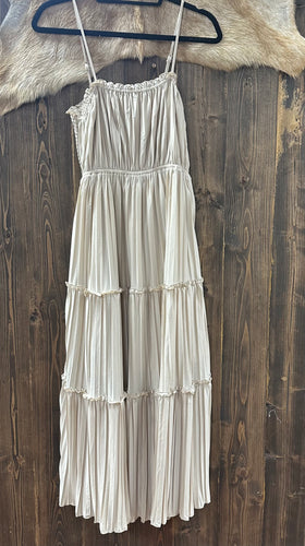 Shell Pleated Tiered Maxi Dress with Ruffle Detail.