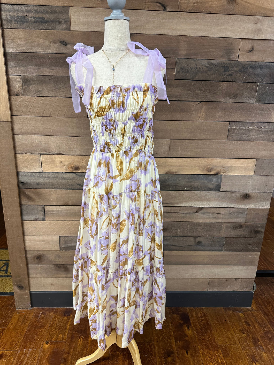 Lilac Floral Tiered Midi Dress.