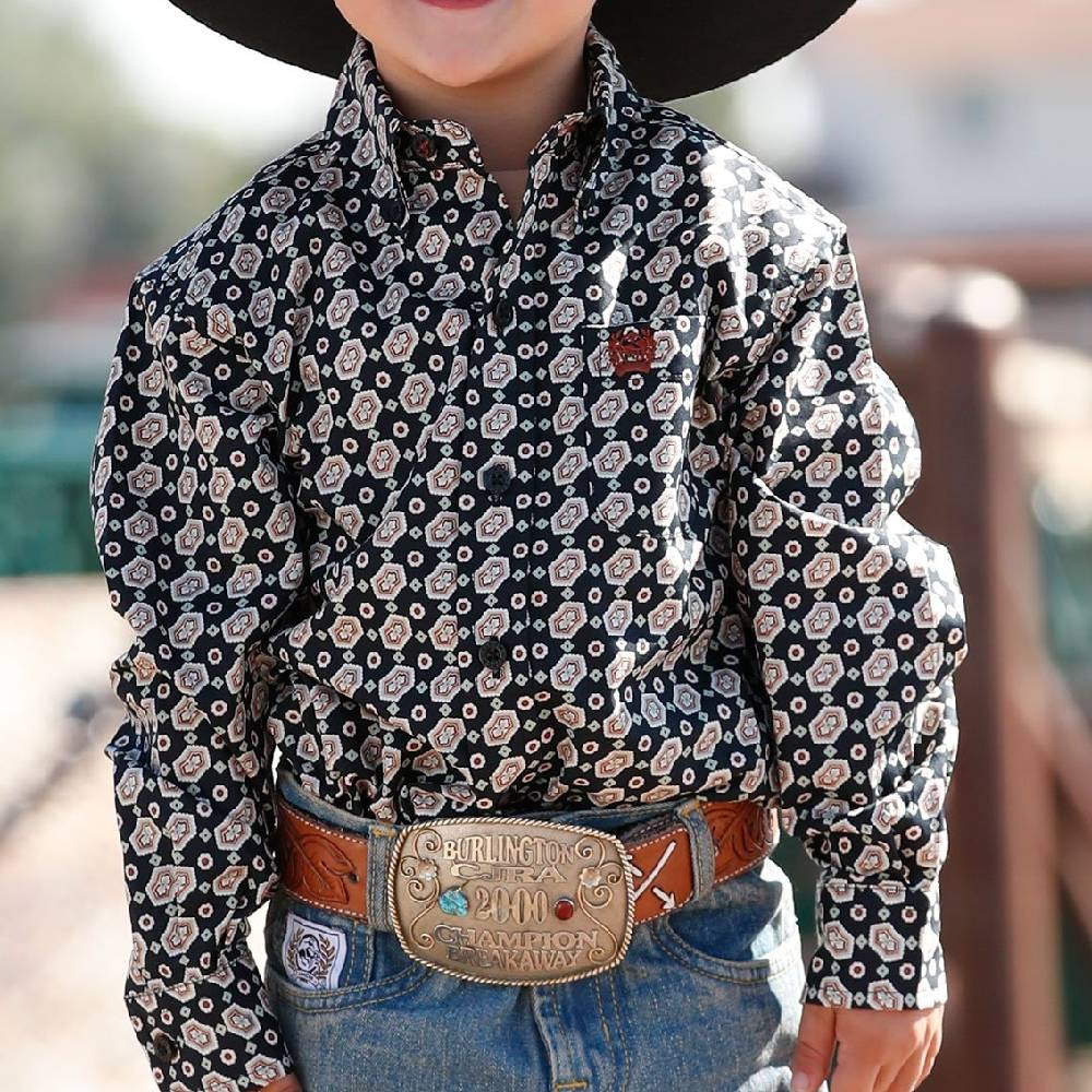 Boys Cinch Black Geometric Button Down Shirt.