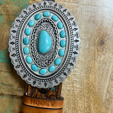 Load image into Gallery viewer, Medina Tan Floral Embossed Hooey Belt w/ Faux Turquoise Aztec Scalloped Buckle.