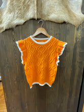 Load image into Gallery viewer, Game Day Orange Ruffle Sleeve Cable Sweater Top With Contrast Edge
