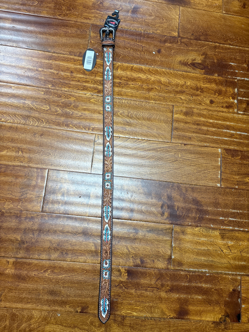 Kids Wide Antique Floral Tooled Feather Leather Belt.