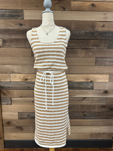 Cream/Taupe Striped Sweater Midi Dress w/ Drawstring.