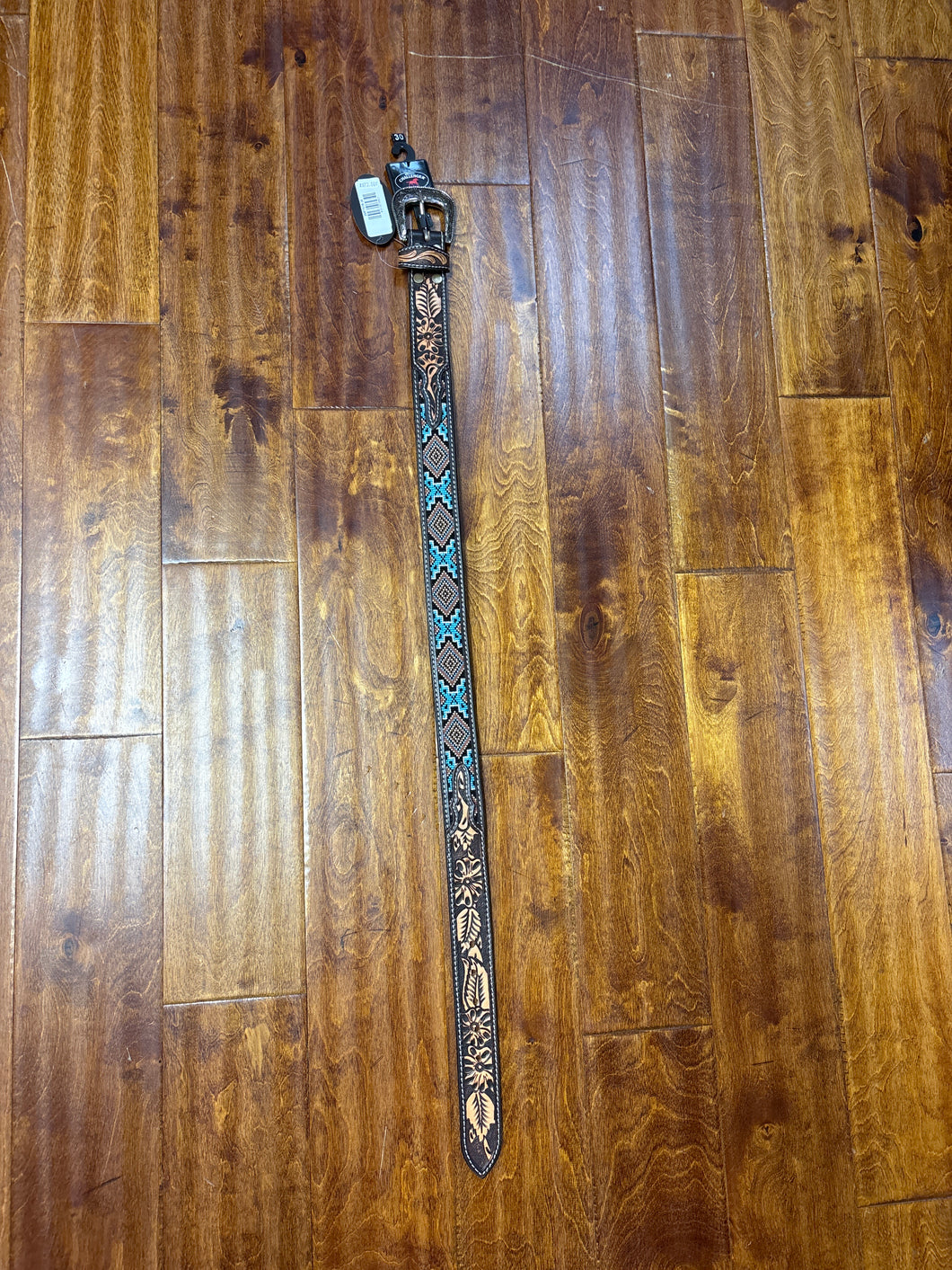 Western Floral Tooled Beaded Full Grain Leather Belt.