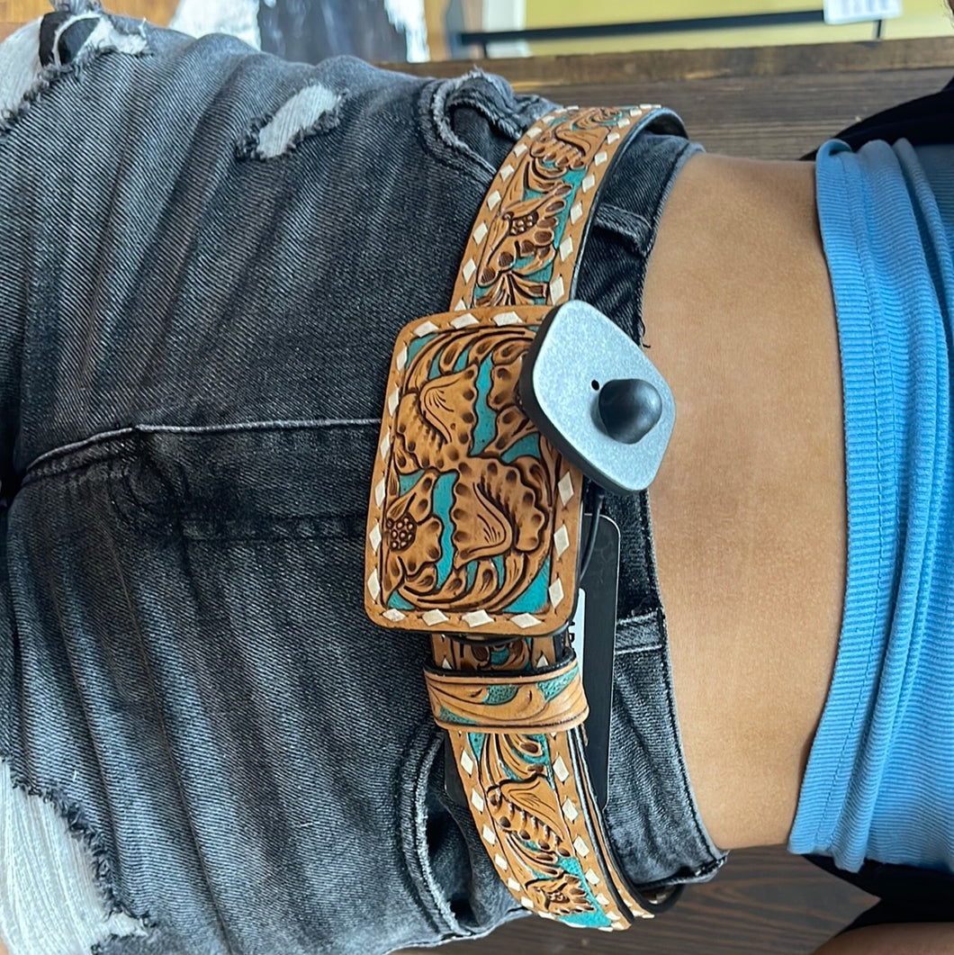 Tooled Floral Turquoise Belt