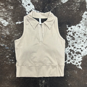 Ribbed Collared Relaxed Crop Padded Tank.