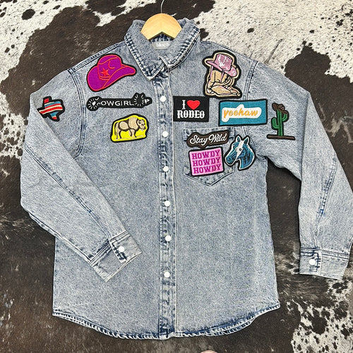 Women’s Washed Western Patchwork Snap Up Light Denim Jacket