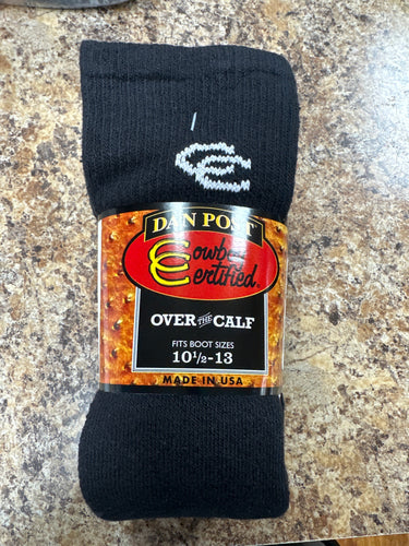 Dan Post Black Cowboy Certified Over the Calf Boot Socks 10.5-13.