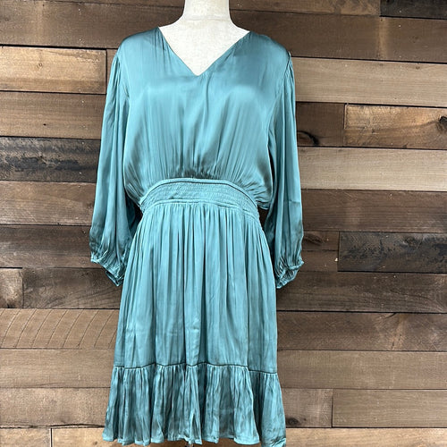 Teal Green Satin Balloon Sleeve Mini Dress.