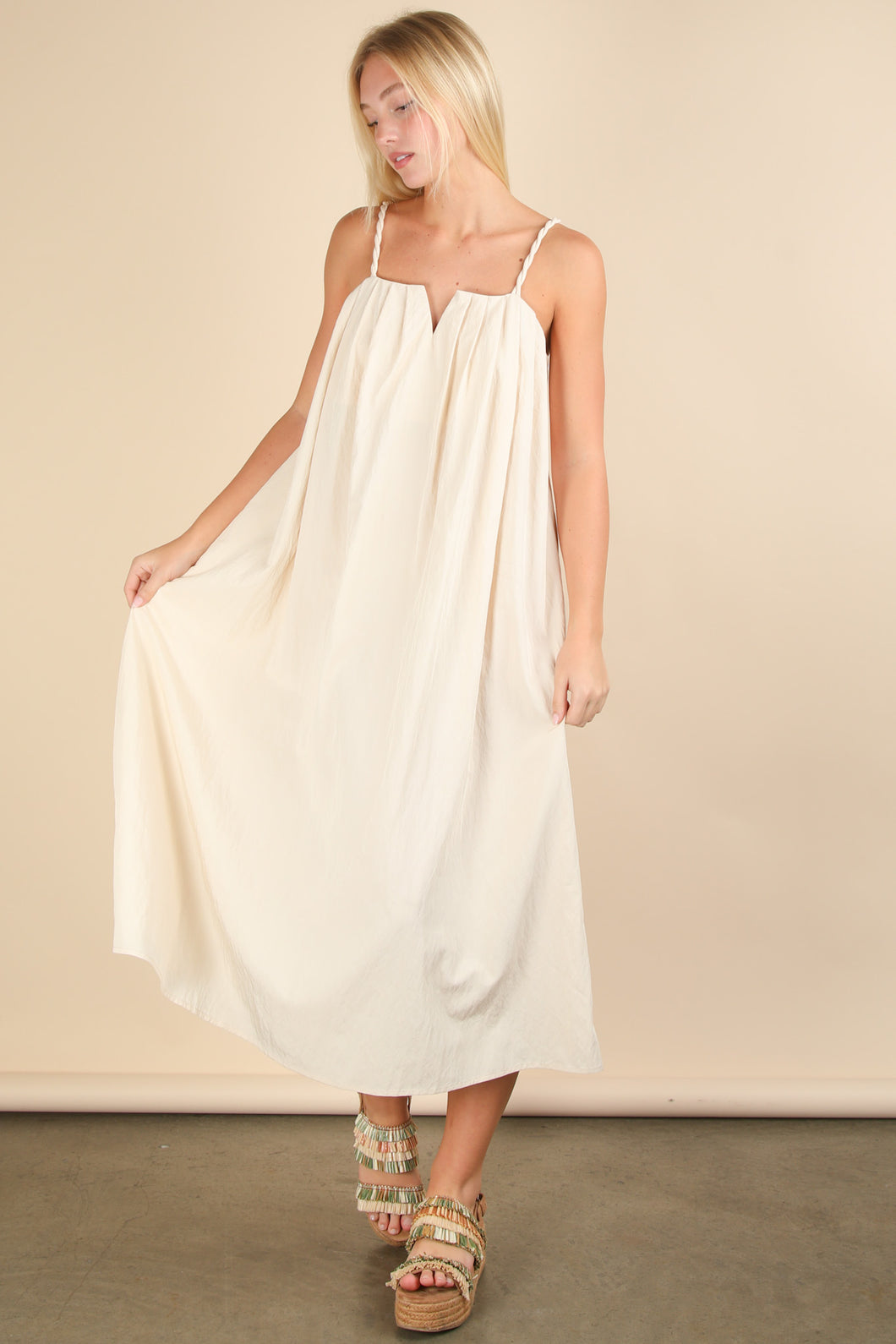 Women’s Beige Pleaded Woven Midi Dress.