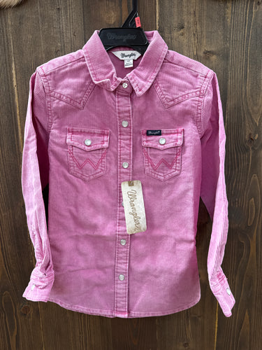 Girls Wrangler Long Sleeve Pink Corduroy Snap Shirt