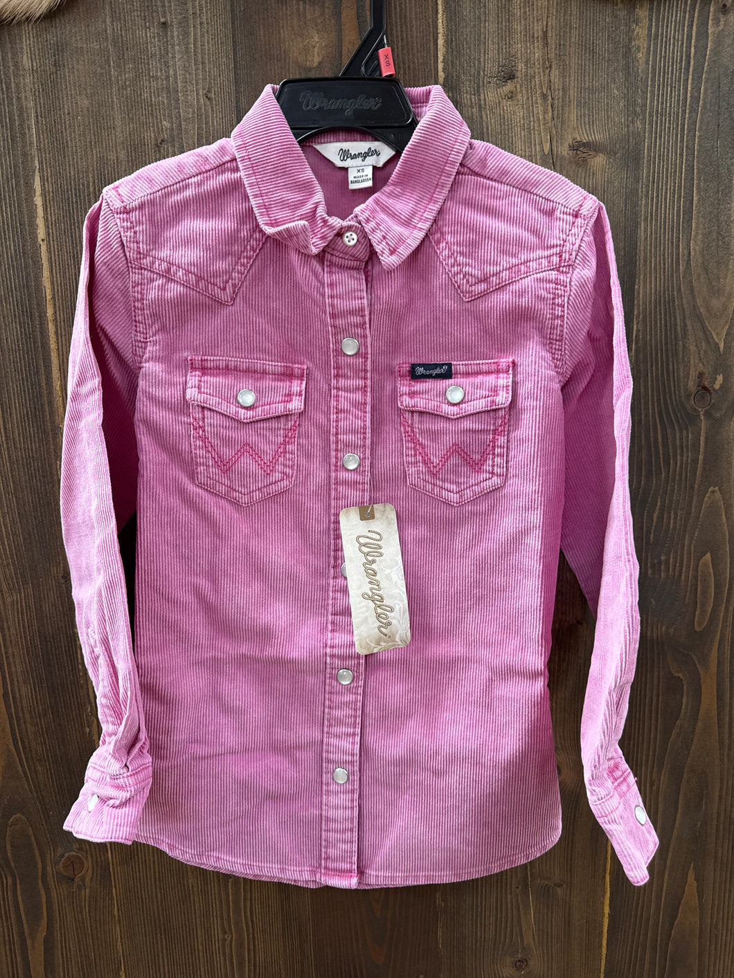 Girls Wrangler Long Sleeve Pink Corduroy Snap Shirt