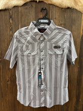 Load image into Gallery viewer, Men’s Rock And Roll Dark Grey Stripe Printed Short Sleeve Button Up