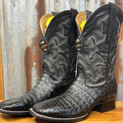 Men’s Black Caiman embroidery wide square toe corral boots