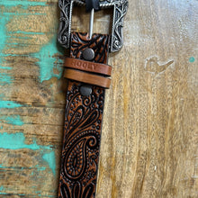 Load image into Gallery viewer, Brown Paisley Filigree Embossed Hooey Belt w/ Floral Tongue Buckle.