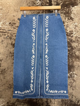 Load image into Gallery viewer, Women’s Floral Embroidered Denim Midi Skirt