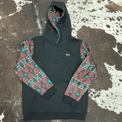 Hooey Youth Black Hoody w/ Multi Color Aztec Sleeves.