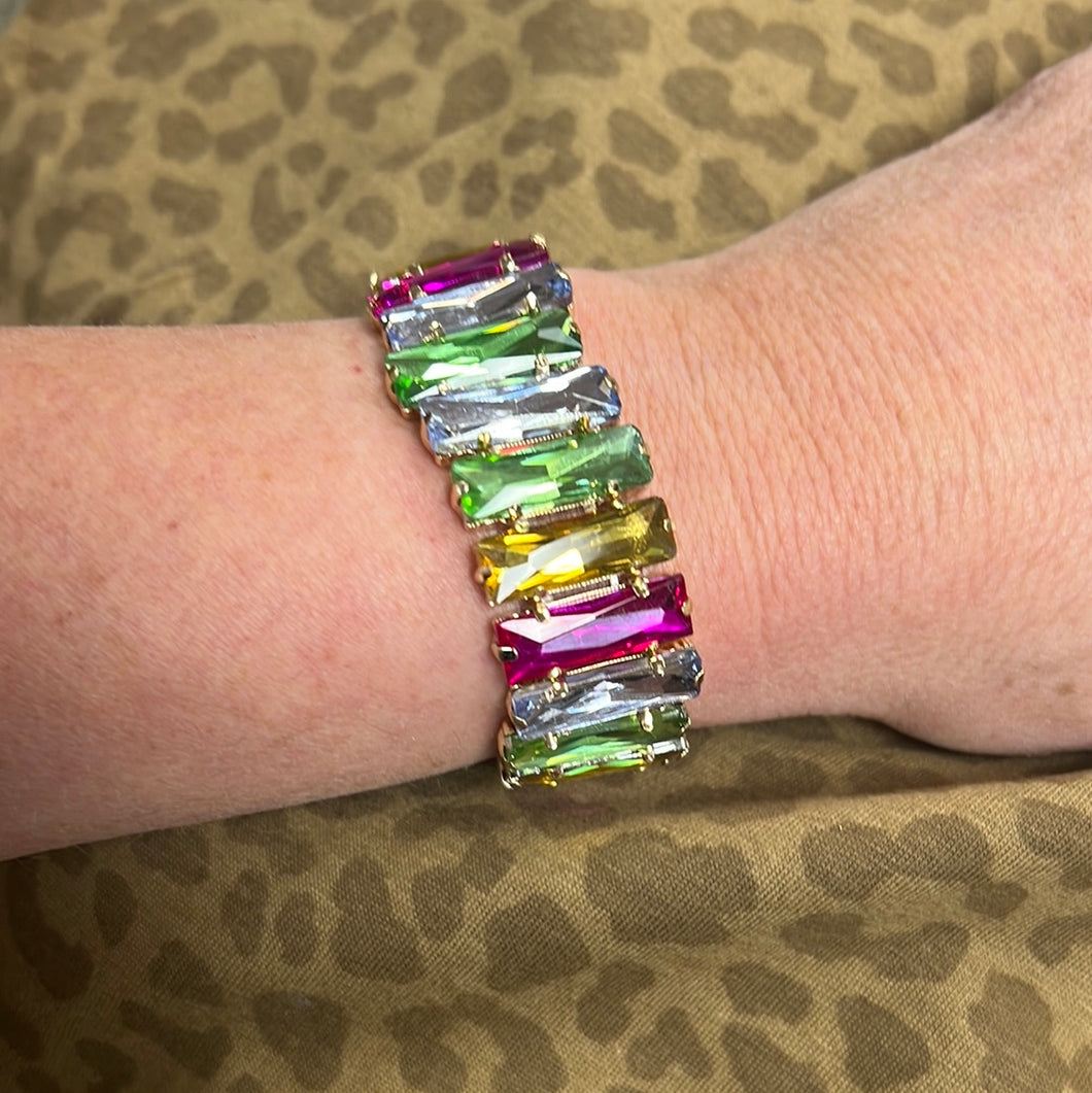Bright Multi Color Rectangle Rhinestone Stretch Bracelet