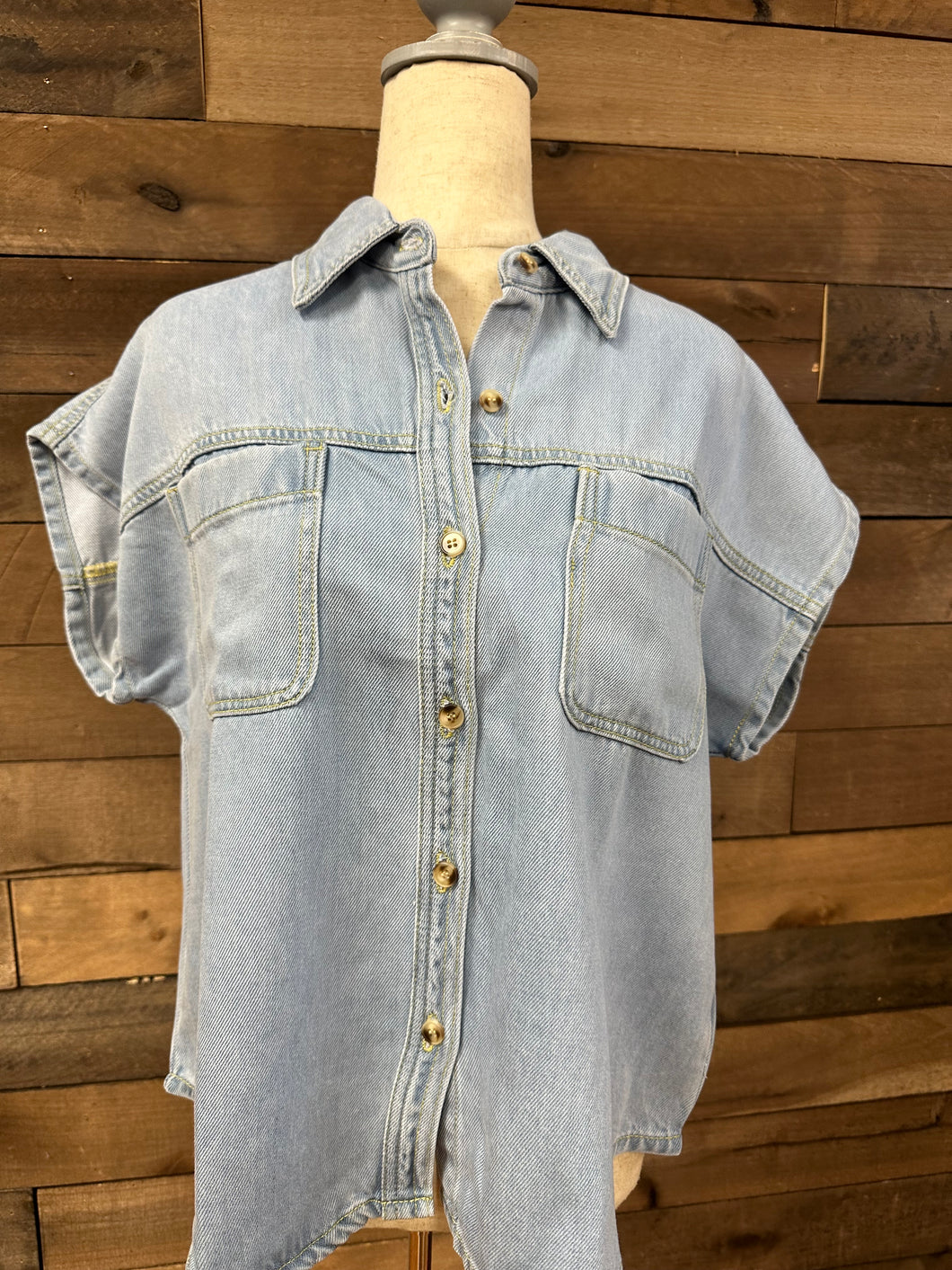 Denim Short Sleeve Button Down Top.