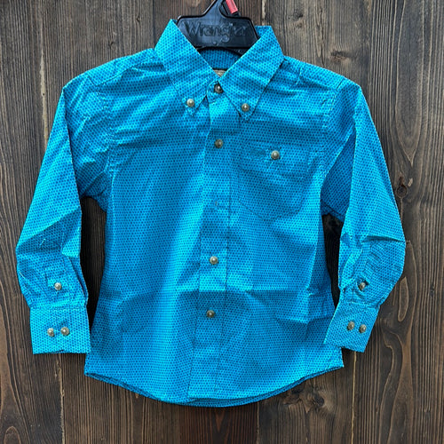 Wrangler Boys Classic Teal Blue Long Sleeve Button Up.