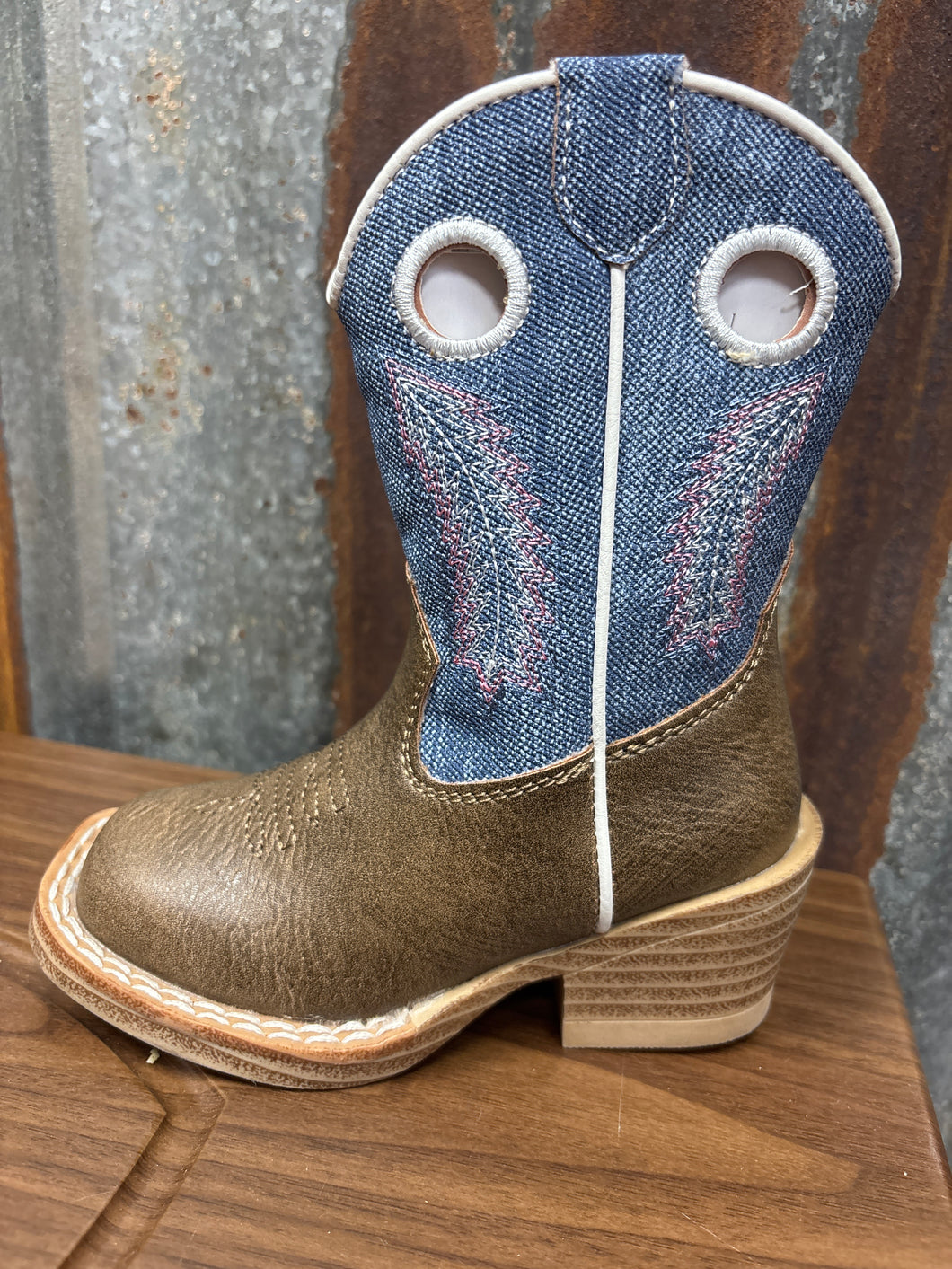 Little Kids Square Toe Brown Faux Leather Vamp Boots.