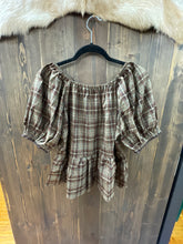 Load image into Gallery viewer, Women’s Espresso Plaid Square Beck Puff Sleeve Peplum Blouse