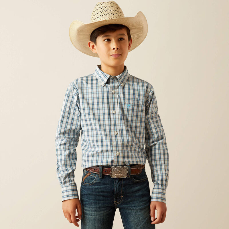 Ariat Boys Pro Shelton Khaki Striped Long Sleeve Shirt.