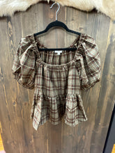 Load image into Gallery viewer, Women’s Espresso Plaid Square Beck Puff Sleeve Peplum Blouse