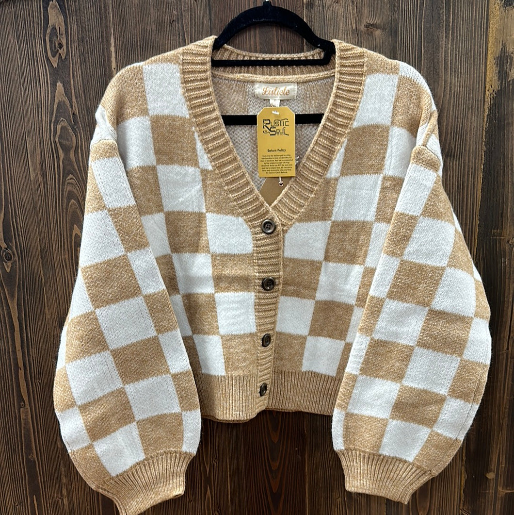Bold Taupe Gingham Sweater Cardigan.